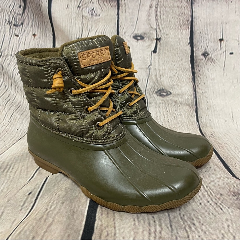 Sperry Topside Duck Rain Boot Waterproof Nylon Quilted Olive Green Size 7.5